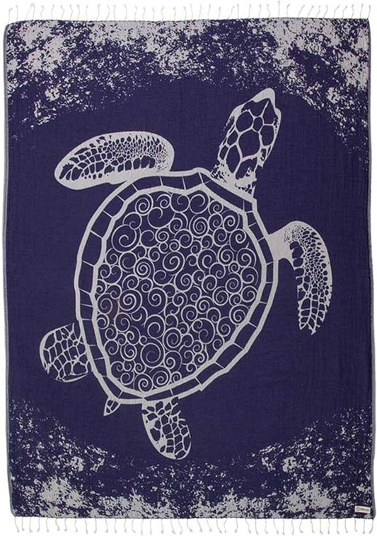 Sand Cloud Large Turkish Beach Towel - Sand Free - 100% Organic Turkish Cotton Yarn - Quick Dry Towel for Beach, Picnic, Blanket or Bath - As Seen on Shark Tank - Marine Life (Navy Crush Turtle)