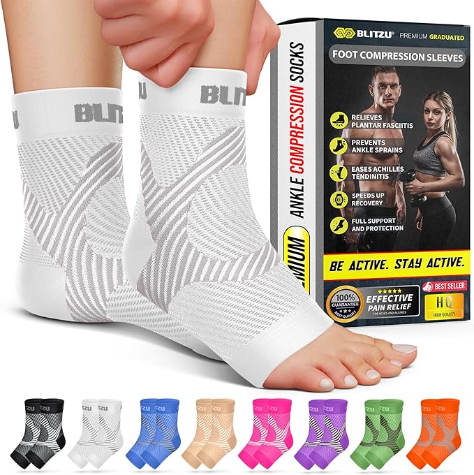 BLITZU Compression Socks for Plantar Fasciitis, Achilles Tendonitis, Arthritis Relief, Ankle Brace Compression Sleeve with Foot Arch Support, Ankle Wrap for Women, Men, Swelling & Heel Pain White S-M