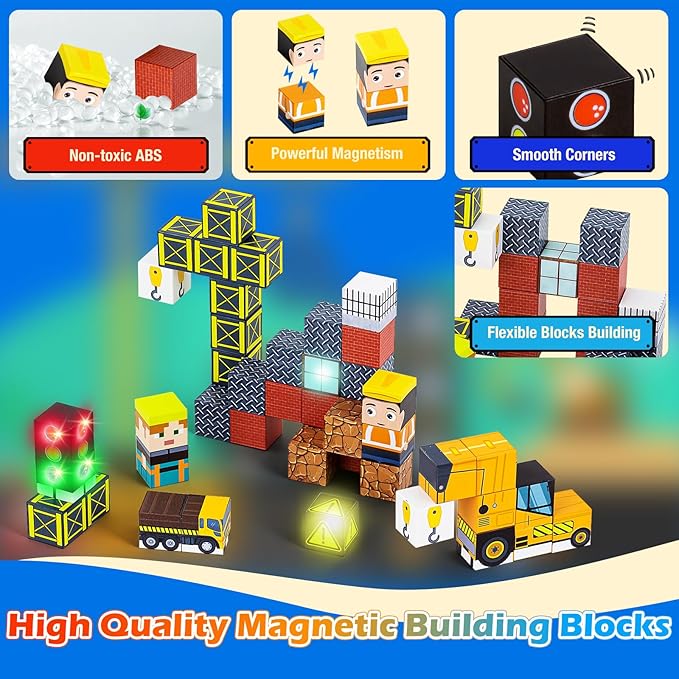 45PCS Magnetic Blocks Travel Toys for Kids with Portable Iron Box, Mini Magnetic Cubes Toys for Airplane & Car Ride STEM Learning Gift Idea for Ages 3+（ Construction Theme）