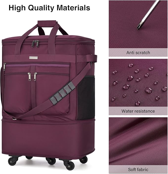 MILADA Expandable Luggage Bags for Travel Foldable Suitcase with Wheels Collapsible Rolling Travel Duffle Bag Lightweight Large Suitcases without Telescoping Handle, Purple