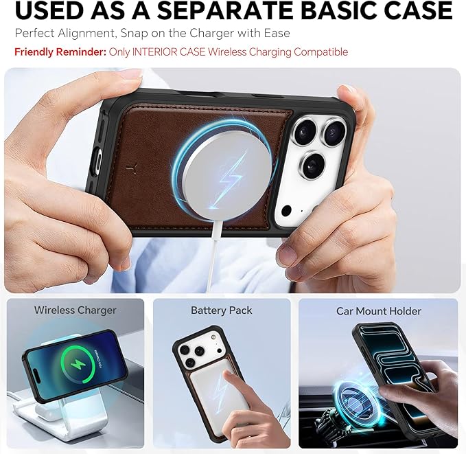 TUCCH 2-in-1 Detachable Wallet Case for iPhone 17 Pro (6.3-inch) 2025, Wireless Charging | RFID Blocking 4 Card Holders | Wrist Strap | Kickstand | Magnetic | PU Leather Folio Cover | Chocolate Brown