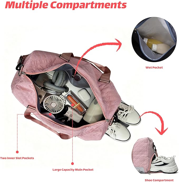 Large Foldable Gym Bag with Shoes Compartment&Wet Pocket,Hospital Bag for Women Labor Delivery,Carry On Overnight,Duffle Bags for Travel,Dance,Cheer,Yoga (Pink)