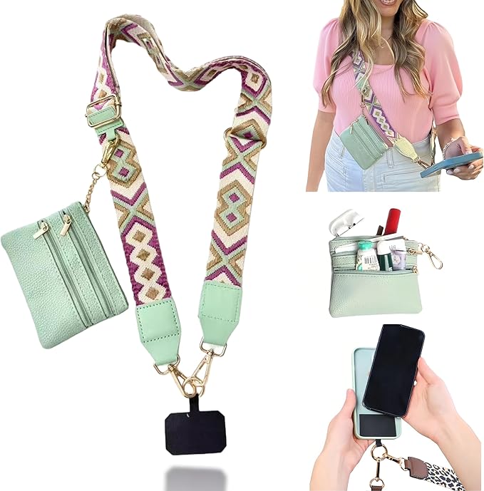Crossbody Body Phone Holder for Women, New Phone Strap with Zippered Pouch, Adjustable Crossbody Strap (Green)
