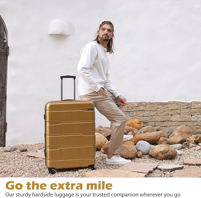 Coolife Luggage Expandable(only 28") Suitcase PC+ABS Spinner Built-In TSA lock 20in 24in 28in Carry on (Black brown, L(28in).)