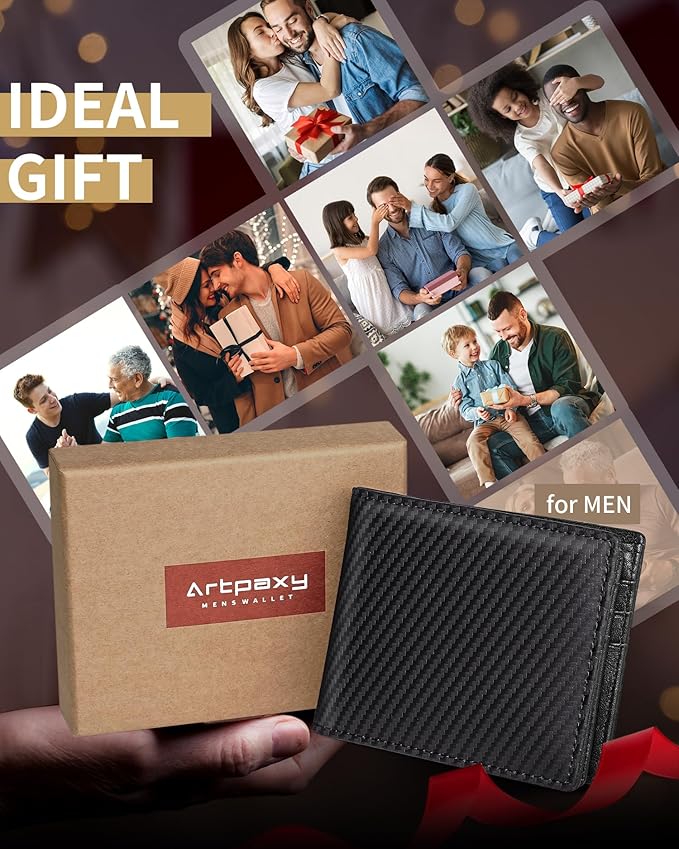 Artpaxy Mens Wallet Genuine Leather Bifold RFID Blocking Wallet for Men with 2 ID Windows 12 Card Holders 2 cash pockets 1 Gift Box