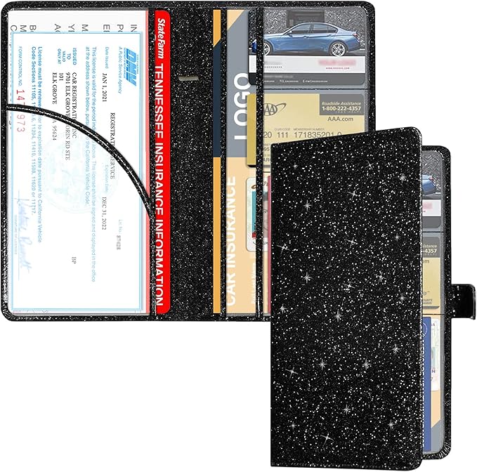 RSAquar Car Registration and Insurance Holder, Vehicle Glove Box Organizer Cool Car Accessories, Auto Truck Document Holder for Cards, Driver License, Black Glitter