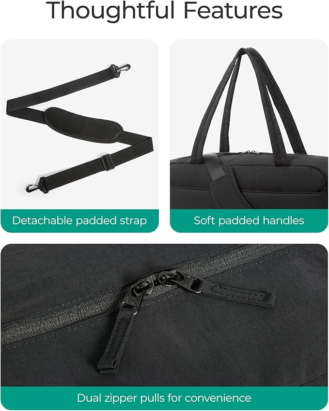 BAGSMART Gym Bag for Women, Lightweight Puffer Duffle Bag 2-PC Travel Bag, 31L Weekender Overnight Bag Quilted Carry On Tote Bag, Diaper Hospital Dance bag for Travel, Gym, Water Resistant, Black