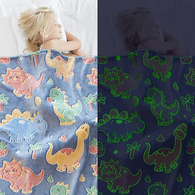 Cute Kids Blanket Glow in The Dark Dinosaur for Boys Flannel Glowing Bed Sofa Couch Soft Warm Blankets Christmas Birthday Gifts Teen 80"x60"