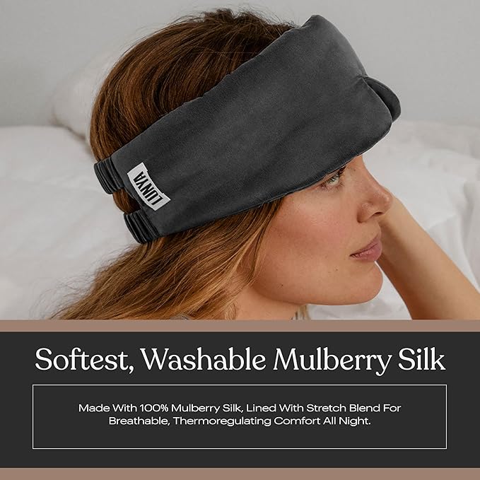 Lunya Weighted Silk Sleep Mask – Mulberry Silk Eye Cover with Cooling Glass Beads, Noise-Reducing Fit, Washable Fabric, and Travel Pouch – Sleeping Mask for Men and Women - Meditative Grey – Large