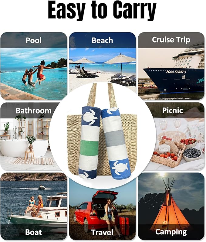 cabanana Large Beach Towel Oversized - Cotton Velour 35 x 70 Inch Sea Turtle Striped Terry Pool Towel, Cabana Soft Swimming Towel for Adults Women Men (Navy Feldspar)