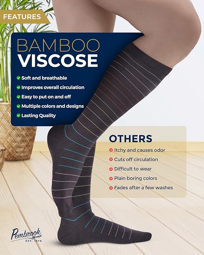 Pembrook Bamboo Viscose Light Compression Socks - 3 Pairs | 8-15 mmhg Compression Socks | Knee High Comfort Support Socks