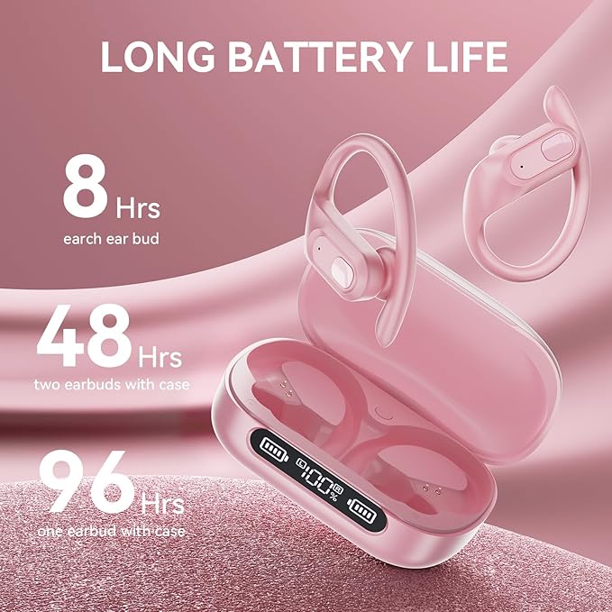 occiam ANC Noise Cancelling Ear Buds Wireless Earbuds Bluetooth Headphones 96Hrs Playback LED Display Over-Ear Waterproof Earphones with Earhooks Mics Clear Call for Sport Running Workout Pink