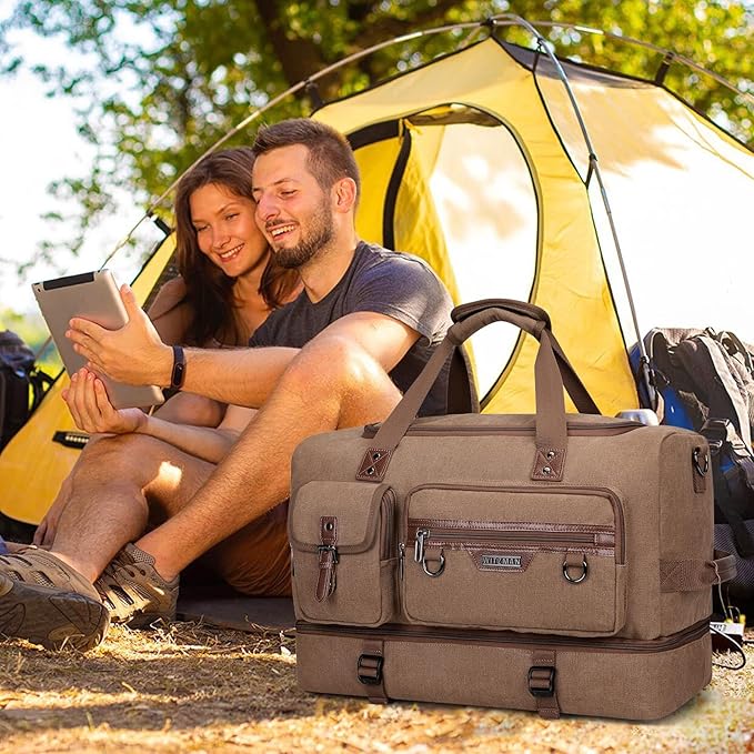 WITZMAN Canvas Weekender Bag Mens Overnight Bag for Traveling Carry on Duffle Bags with Shoes Compartment（A8010 Brown）