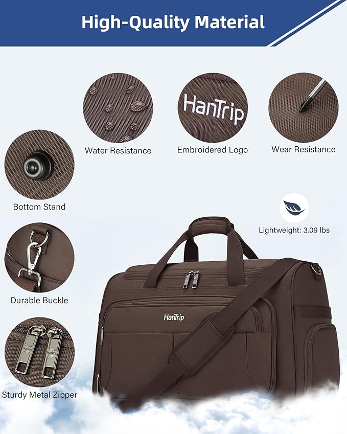 HanTrip Carry on Duffel Bag Foldable Duffle Bags for Travel, Large Personal Item Bags for Airplanes, Weekender Overnight Mens Travel Tote Bag for Women Softside Carry on Luggage (Coffee)