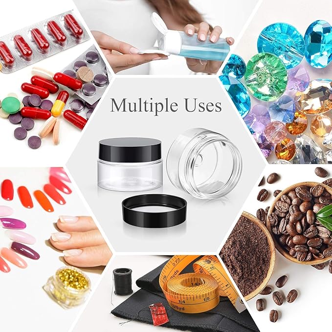 SATINIOR 12 Pack 4 oz Plastic Container Jars with Lids Round Clear Travel Cosmetic Container Slime Jars for Toiletries, Lotion, Cream, Ointments, Makeup, Rhinestone, Samples, Kitchen Storage(Black)