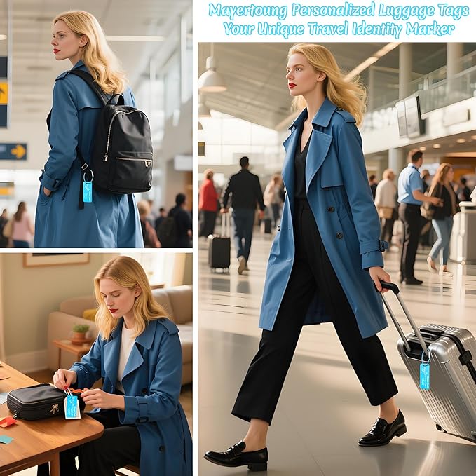 4 PCS Personalized Luggage Tags for Suitcase, Custom Engraved Aluminum Luggage Tags with Your Personalized Text Logo, Metal Name Tags with Steel Loop for Bag, Suitcase, Backpack (Lake Blue, Small)