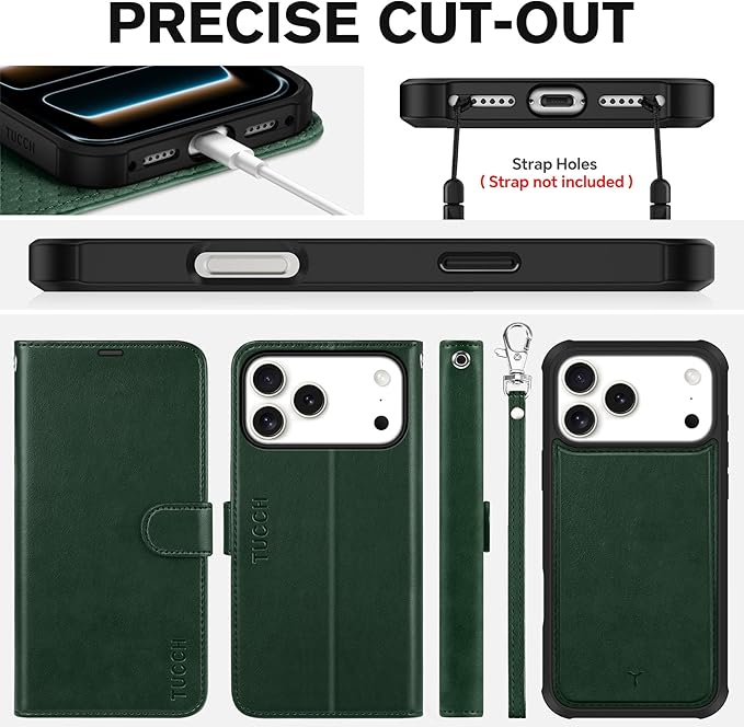 TUCCH Detachable Case Wallet for iPhone 17 Pro Max (6.9") 2025, Removable Wrist Strap, Wireless Charging, Stand, 4 Card Slots RFID Blocking, 2-in-1 Magnetic, PU Leather Shockproof Cover, Evergreen