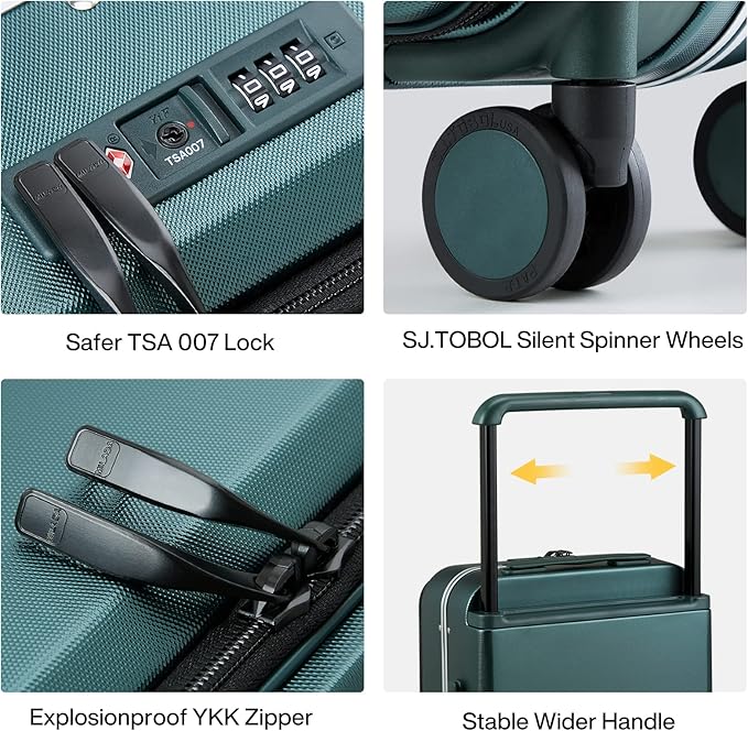 MILADA Wide Handle Luggage with Front Pocket Hardshell Aluminium Check In Suitcase with Wheels Medium 24 Inch Front Opening Checked Luggage with Spinner Wheels TSA Approved Luggage, Blackish Green