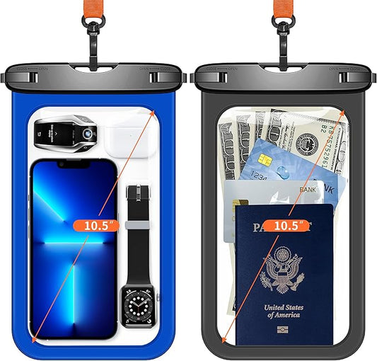 Lanhiem 10.5" Large Waterproof Phone Pouch, 2 Pack Universal IPX8 Waterproof Dry Bag with Lanyard for iPhone 16 15 14 Pro Max, Samsung Galaxy S24 S23 S22 Ultra, S23 FE, Pixel 9 8 Pro, Black+Blue