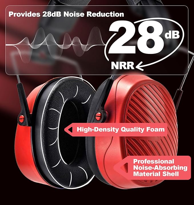 PROHEAR 038 Ear Protection Safety Earmuffs for Mowing, 28dB Noise Reduction Passive Hearing Protector, Compact Foldable Headset for Shooting Construction Power Tools, Red