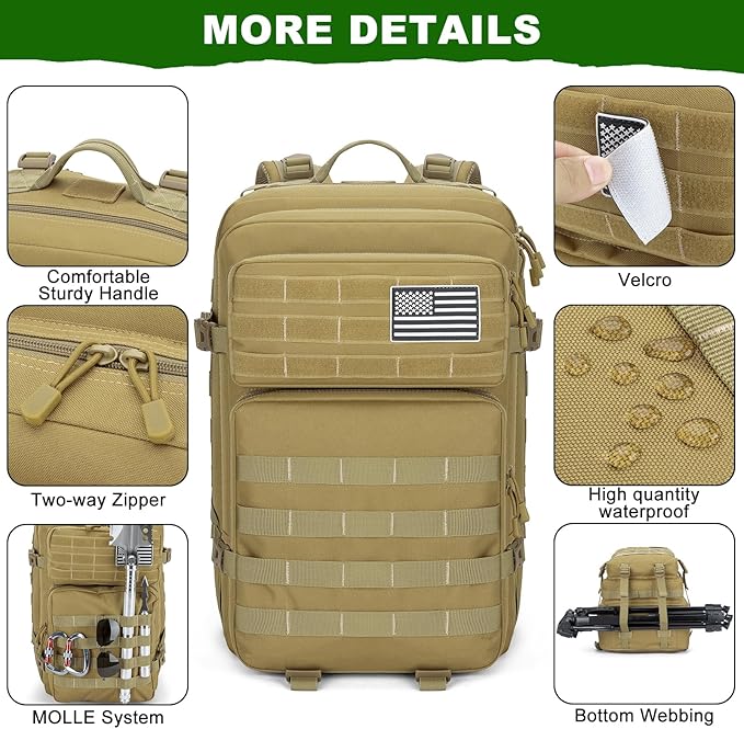 Tactical Backpack 45L Military Rucksack, Water Resistant MOLLE Assault Pack, Large 3 Day Bug Out Bag for Men & Women, Durable Outdoor Gear for Hiking, Camping, Hunting, Travel (Khaki)