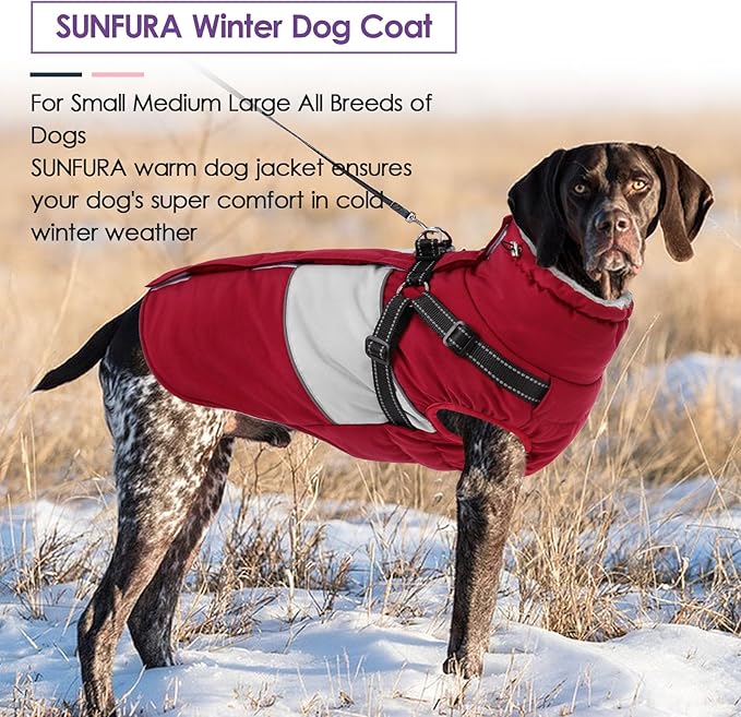 SUNFURA Dog Jacket, Large Dog Coat with Harness Built in, Warm Pet Winter Jacket Zippered Snow Coat with Furry Collar, Waterproof Fleece Snowsuit for French Bulldog, Burgundy L