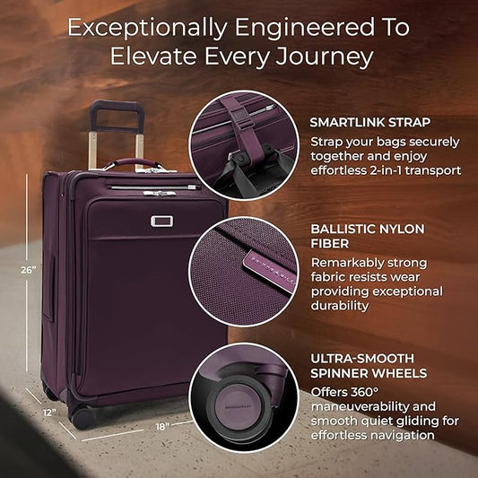 Briggs & Riley 26" Medium Expandable Spinner - Checked Luggage for Travel, Suitcases with Wheels, Softside Rolling Bag for Men & Women, Self-Repairing Zipper - Baseline Collection, Plum