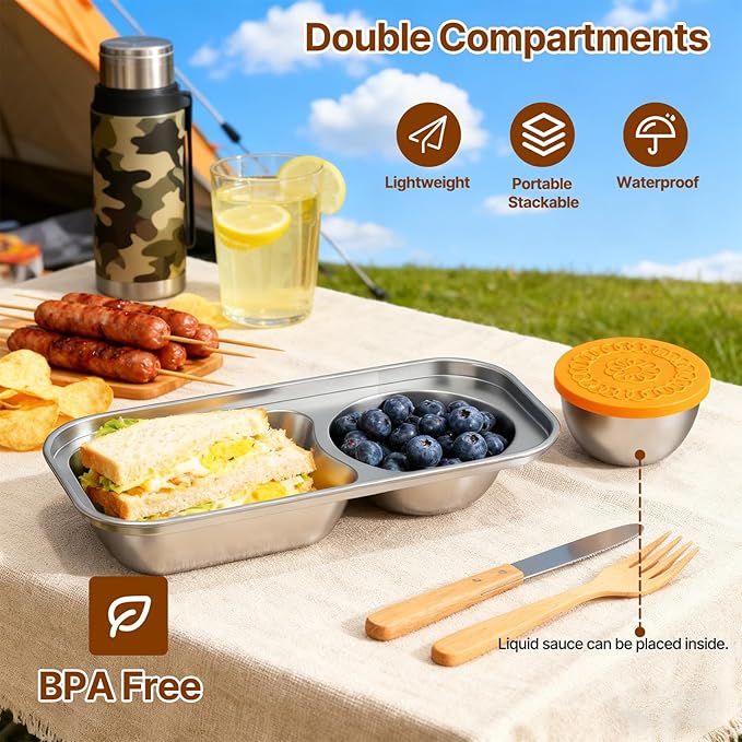 Kitlead 2 Compartment Grab and Go Snack Containers Reusable,Stainless Steel Snack Containers with Lid for Travel, Outdoor Camping and Daily Use (Set of 4)