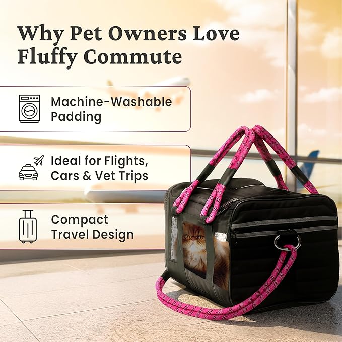 FLUFFY COMMUTE™ TSA Airline Approved Dog Carrier | Soft-Sided | Fits Small Dogs & Pets Up to 15 lbs & 17” Long × 11” Tall | Black w/Pink Handle