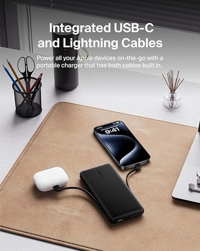Belkin Portable Charger Power Bank for iPhone/Android - 10,000mAh, 23W Battery Pack for Phone with Integrated USB-C, Lightning Cables - Pass-Through Capability, Charge 2 Devices at Once