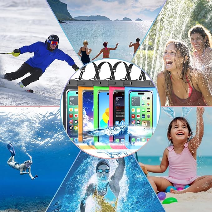 Famoby Up to 8.3" 5 Pack Multicolor Universal Waterproof Phone Pouch, Phone Waterproof Case Dry Bag,Protection Level: IP68,Outdoor Sports for Apple iPhone,Samsung,and More,Black,Blue,Pink,Orange,Green