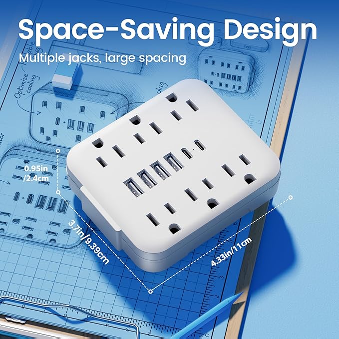 Multi Plug Wall Outlet Extender with USB Ports: 6 AC Outlets, 6 USB Ports (2 USB C), Wall Plug Power Strip, USB Plug Adapter for Wall Outlet, Outlet Splitter for Home Office Travel Cruise Essentials