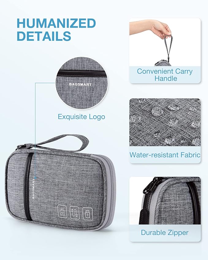 BAGSMART Cord Organizer Travel Cable Organizer Bag Tech Electronic Organizer Travel Case, Travel Essentials for Charger, Cable, Phone, Flash drive, Single Layer - Grey