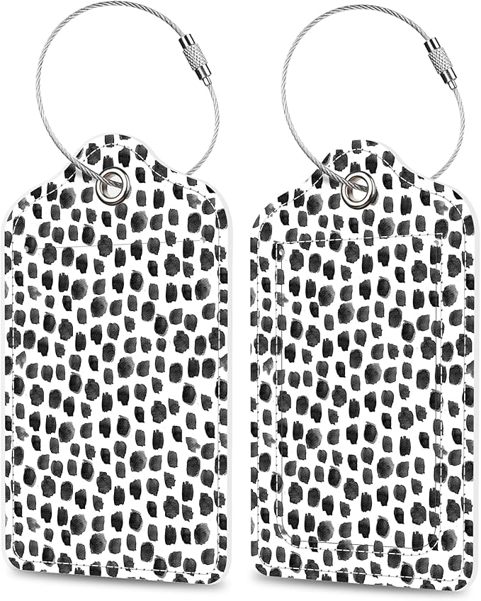Set of 2 Luggage Tags Black White Watercolor Dots Leather Suitcases Tag with Privacy Cover Stainless Steel Loop and Address Card for Women Men Travel