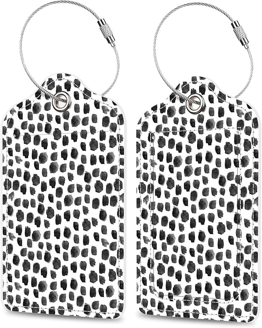 Set of 2 Luggage Tags Black White Watercolor Dots Leather Suitcases Tag with Privacy Cover Stainless Steel Loop and Address Card for Women Men Travel