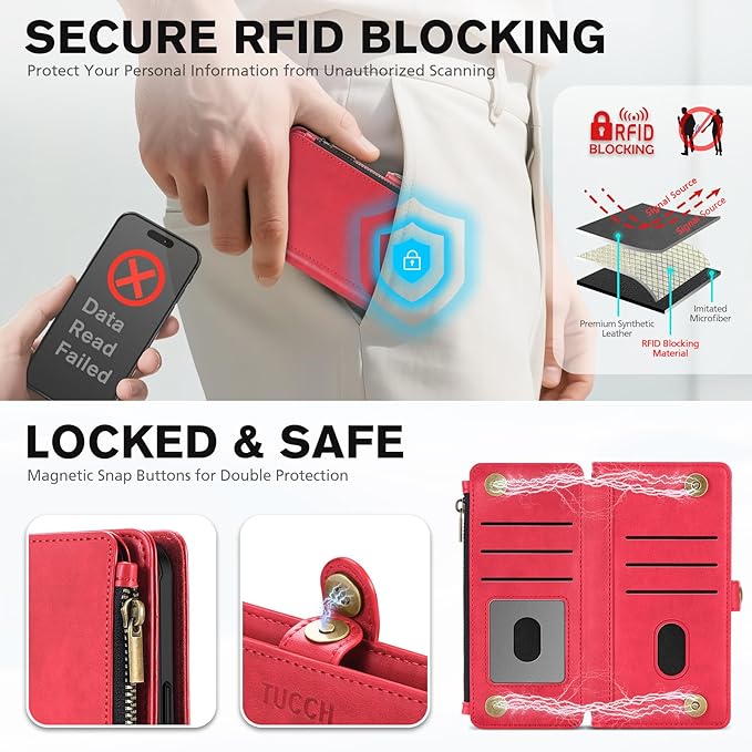 TUCCH Detachable Crossbody Wallet Case for iPhone 17 6.3", 9 Card Slots RFID Blocking | Stand | Lanyard | Wrist Strap | Wireless Charging | Zipper Pocket | PU Leather | Magnetic Flip Cover | Red