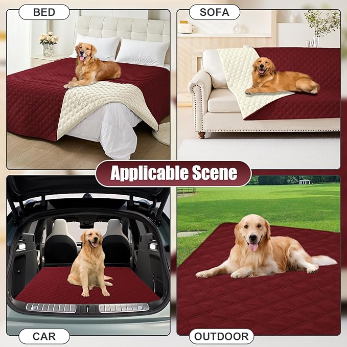 Smiry Waterproof Dog Bed Cover Pet Blanket, Soft Washable Dog Blanket for Furniture Bed Couch Sofa Reversible, Checkered (52"x82", Wine Red/Beige)