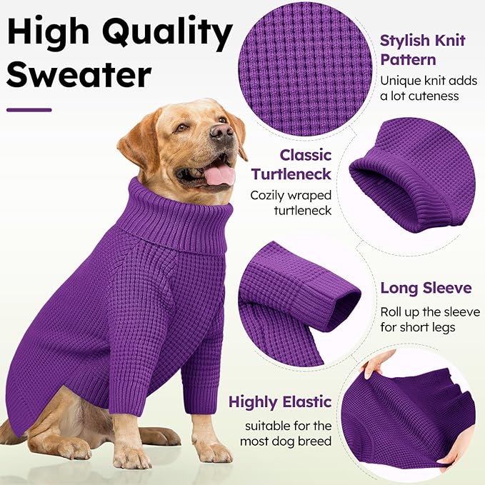 Queenmore Small Dog Sweater, Long Sleeve KnitSweater with Check Pattern, Warm Plaid Doggie Sweaters for Small Medium Dogs, Solid Pull-on Cat Knitwear, Purple S