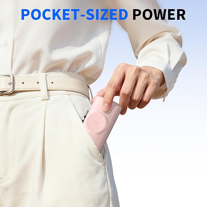 ZBF Portable Charger, 5000mAh Pocket-Size Power Bank, 20W PD Fast Charging with Built-in USB-C Charging Port, Travel Battery Pack for Apple Watch Ultra SE/11/10/9/8 Phone 17/16/15 etc. (Light Pink)
