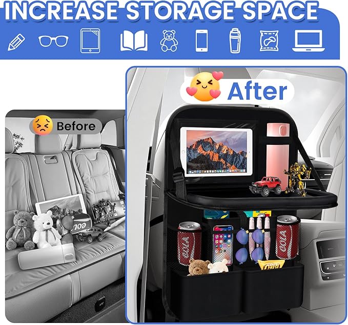 The car rear seat storage unit comes with a flat rack, 13 storage compartments, a foldable tray table, a rear seat kick pad, and can hold snacks and toys. It's black (1 piece【Dining table style】)