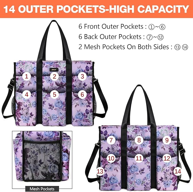 IBFUN Utility Tote Bag with 14/24 Pockets Zip Top Teacher Tote Bag for Teacher/Work Women