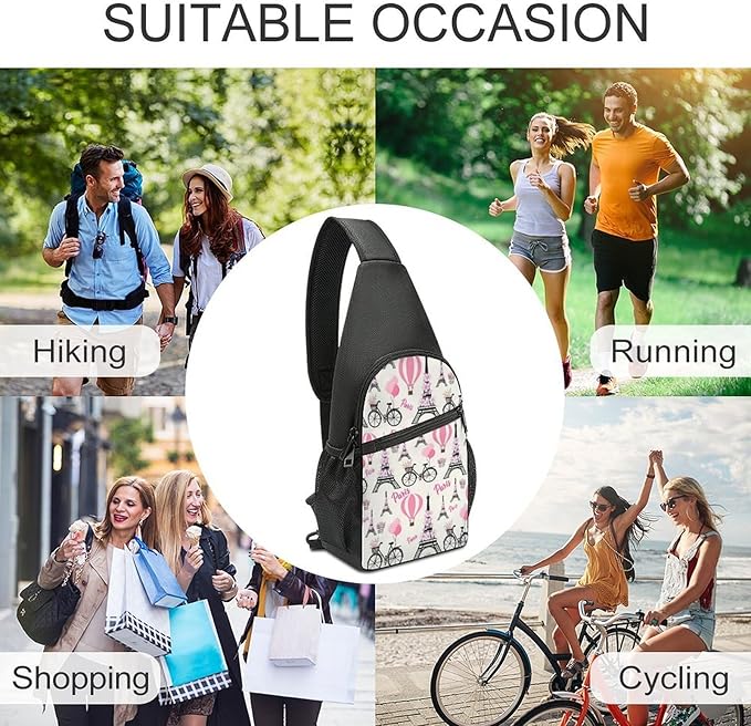 SWEET TANG Large Capacity Sling Chest Bag Backpack, Fashion Daypack Pink Paris Eiffel Tower, Cross Body Funny Shoulder Sack with Adjutable Strap for Men Women Travel