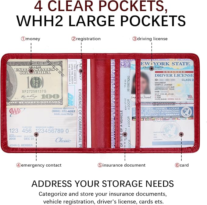 2-Pack Car Registration and Insurance Holder, Car Organization Vehicle Document Organizer with Magnetic Closure for Cards, License in Glove Box, Red