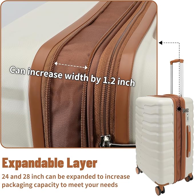 Lightweight Luggage with Spinner Wheels & YKK Zipper, 3-Piece Suitcase ABS+PC Hardside Luggage Set with TSA Lock for Women Men, Apricot Off White (20+24+28 inch)