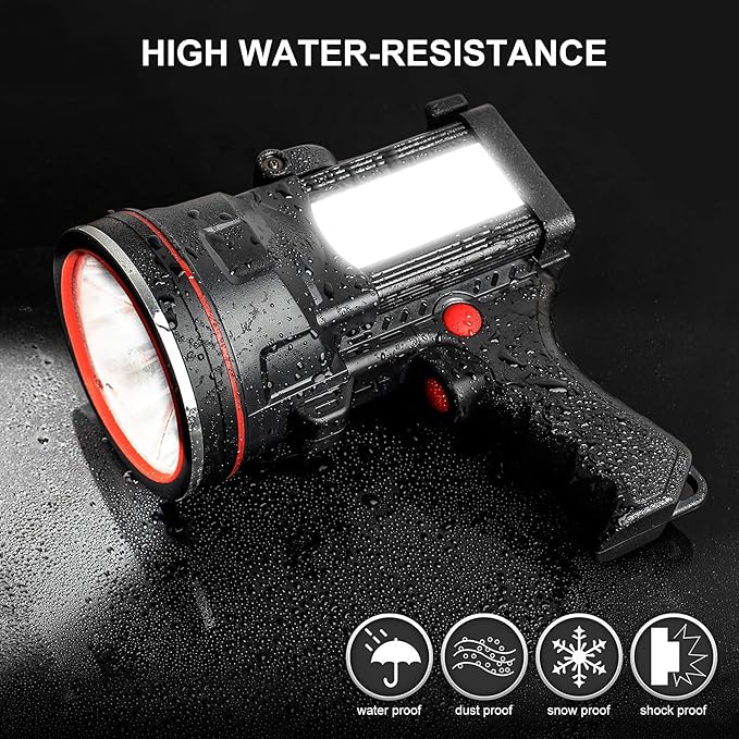 Rechargeable Spotlight Flashlight, Super Bright Handheld Spot Light with COB Light & Foldable Stand, Waterproof Long Lasting Hand Held Searchlight Spotlight for Boating Camping Hunting Fishing
