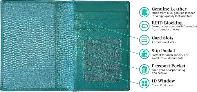 Personalized Monogrammed Teal Leather RFID Passport Wallet and Luggage Tag