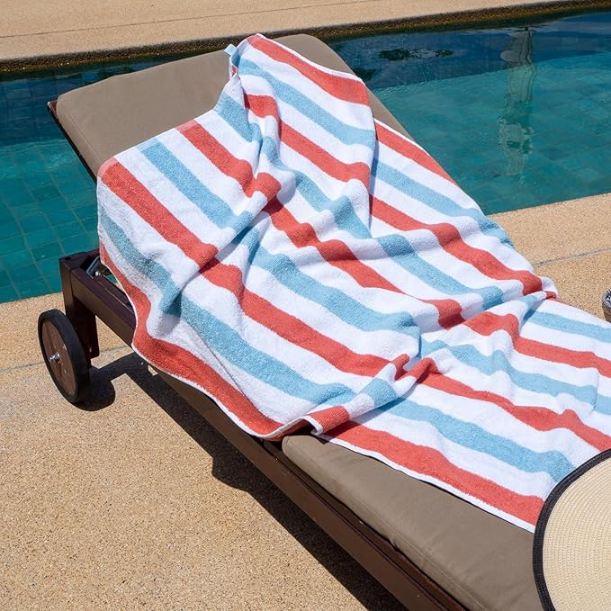 Arkwright Cabo Cabana Stripe Beach Towel - Pack of 4 - Large Soft Quick Dry Cotton Terry Towels for Pool, Swim, and Hot Tub, Oversized 30 x 70 in, Crabapple/Pool Blue