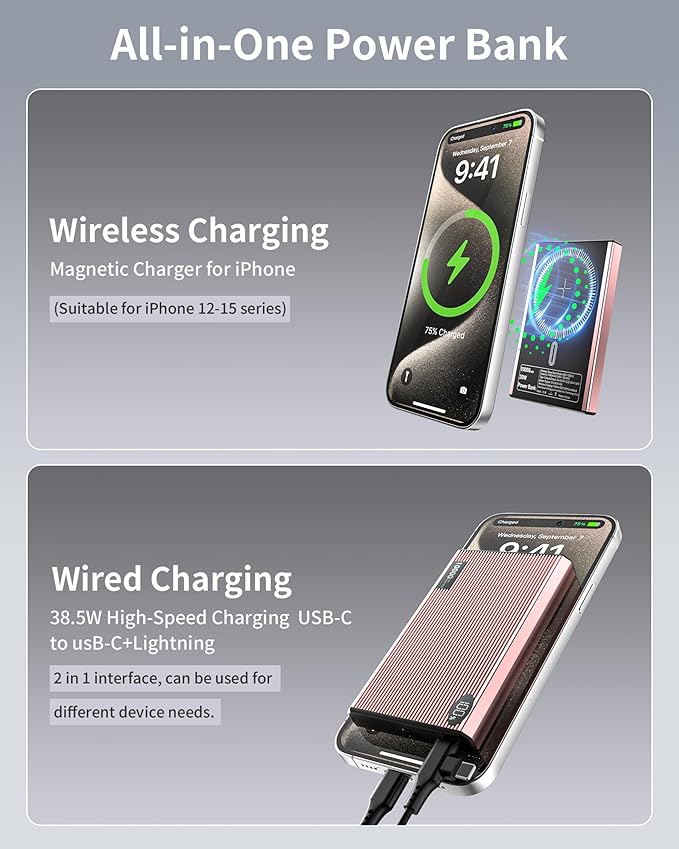 Portable Charger Power Bank, 10000mAh Wireless Charger Phone with USB C to 20 W PD Fast Charging Cable, Mag-Safes Battery Pack Magnetic Charger for Phone 17/16/15/14/13/12 Pro/Pro Max/Plus Pad