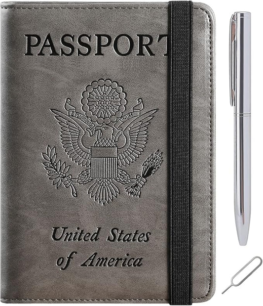 Passport Holder Cover Wallet Travel Essentials RFID Blocking Leather Card Case International Must Haves Travel Accessories for Women Men(113#Grey)