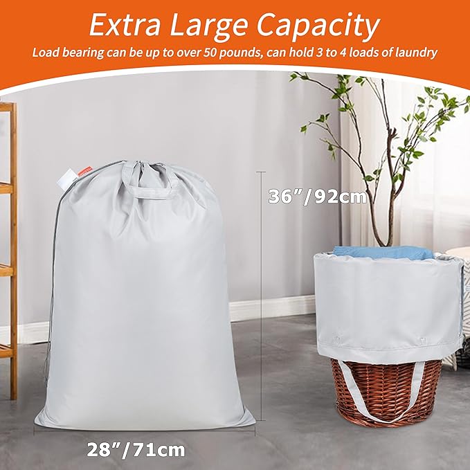 Polecasa Extra Heavy Duty Large Laundry Bag with Sturdy Handles and Drawstring Closure, 2 Pack 28 x 36 inches Durable Storage Bags for Basket, Hamper, College, Dorm, Travel, Silver